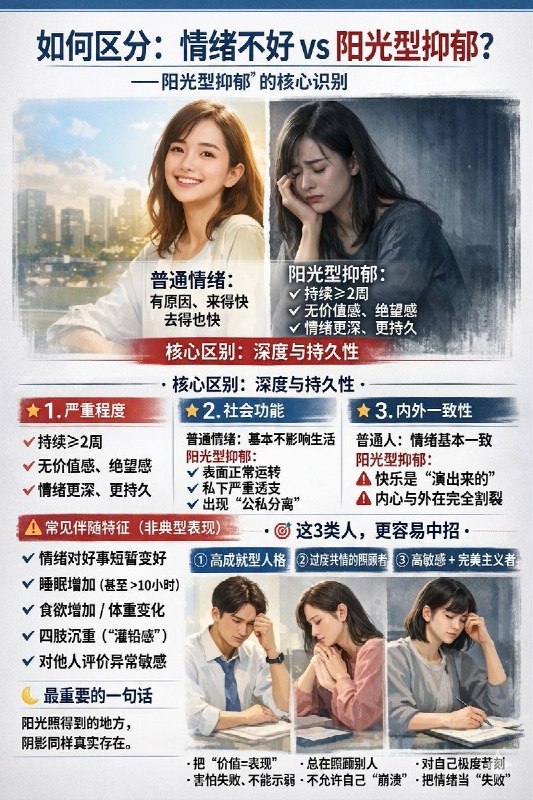 「白天的“社交悍匪” 深夜的“灵魂碎渣”：这种抑郁最隐蔽！」 之前我们科普过多次“阳光型抑郁”，,它不是正式医学名词，但在临床上常表现为带有“非典型特征”的抑郁障碍