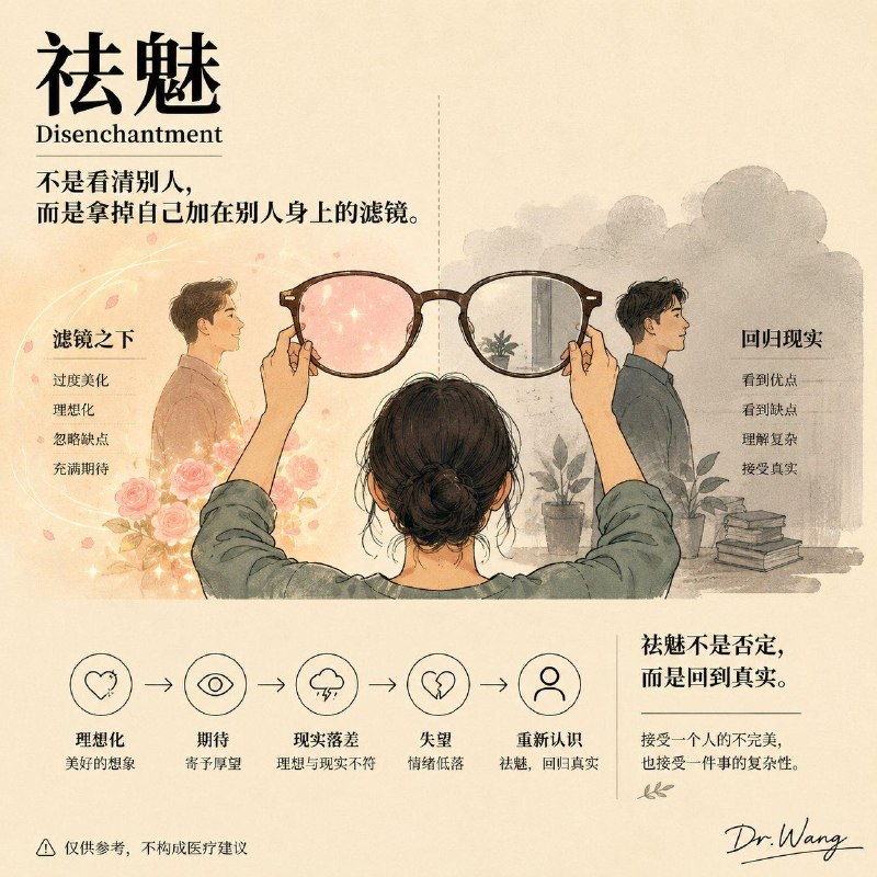 在心理学语境里，我们常用祛魅来描述当现实逐渐打破我们的理想化，我们开始摘掉心里的滤镜，重新认识一个人、一段关系，甚至某种曾经深信不疑的观念