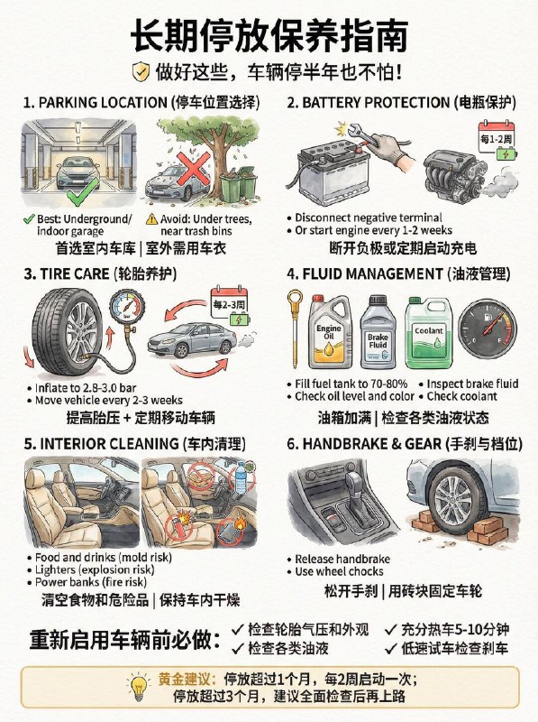 车子停着不开，这3个地方最容易报废🔋 1. 电瓶直接“饿死”（最常见！） 车子虽然熄火，但防盗系统等还在微量耗电（暗电流）