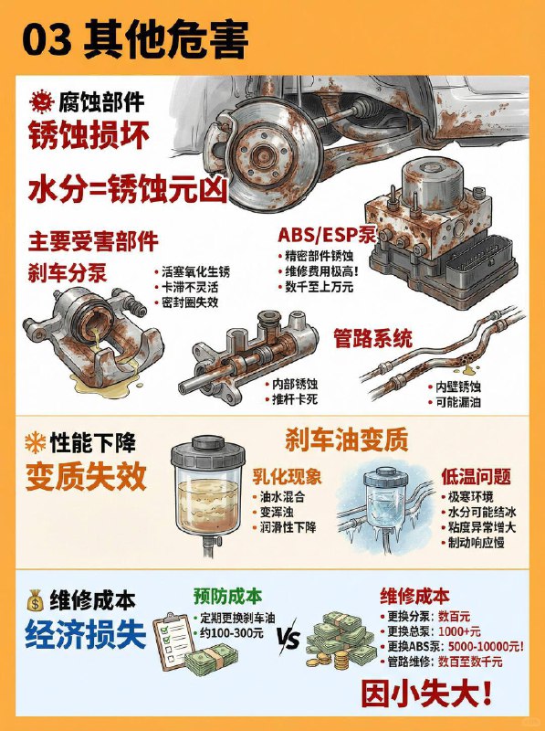 汽车小知识 刹车突然变软？刹车油可能“含水”超标🛑 为什么刹车油会含水？刹车油（醇醚型）天生具有强吸湿性，会主动吸收水分