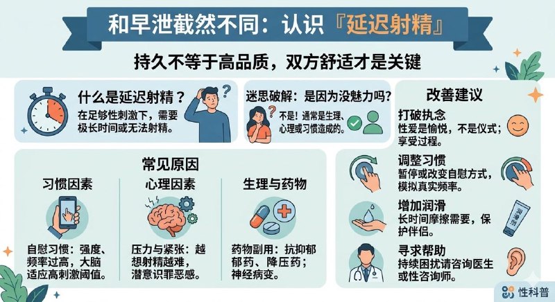 和早泄截然不同延迟射精其实也是许多情侣很常遇到问题很多人对此感到困扰，甚至会解读成对方觉得自己没有魅力，那么这是对的吗？在医学与性心理学上延迟射精其实并不罕见，更严重甚至会被称为「射精障碍」