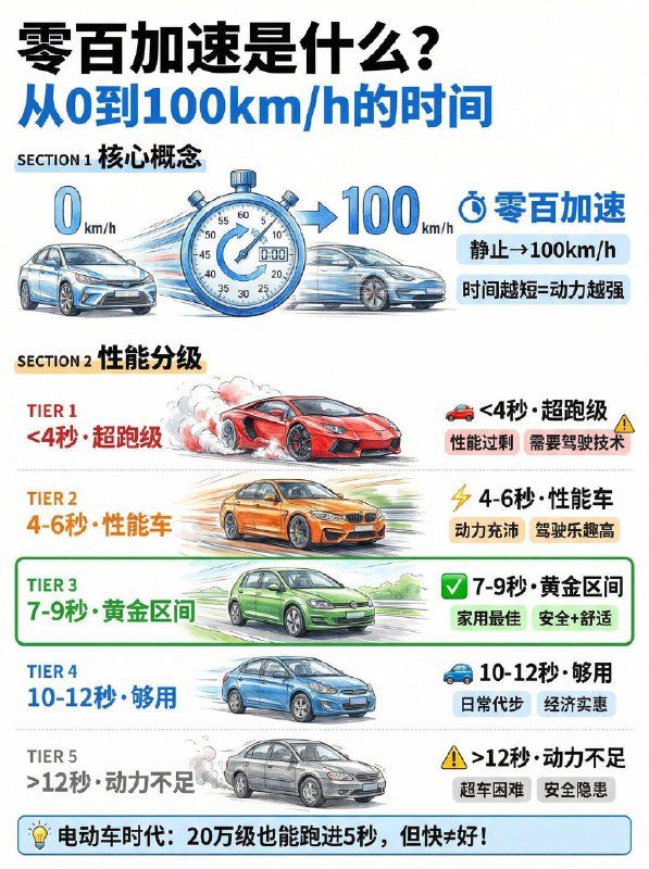 汽车小知识零百加速到底有什么用？1️⃣ 零百加速：它不只是“快”，更是安全冗余 🛡️很多人觉得不飙车就不需要强动力，这其实是个大误区！动力储备就像是安全的“隐形气囊”：高速超车：动力充沛意味着能快速完成动作，减少并排危险暴露的时间