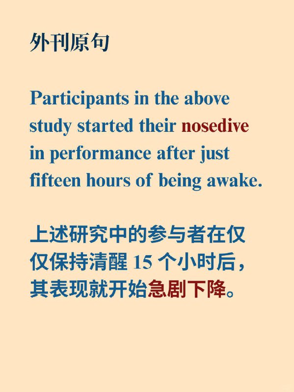 积累一个外刊高级词汇——nosedive📙《Why We Sleep》 ✨外刊原句: Participants in the above study started their (nosedive) in performance after just fifteen hours of being awake.上述研究中的参与者在仅仅保持清醒 15 个小时后，其表现就开始急剧下降