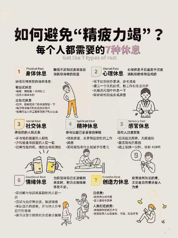 「我们每个人都需要的7种类型的休息」美国医生兼作家Saundra Dalton-Smith在她的著作《神圣的休息：恢复你的生活，更新你的能量，恢复你的理智》（Sacred Rest: Recover Your Life, Renew Your Energy, Restore YourSanity）中，详细的解释了她的观点，为了让身心完全充电，必须经历七种类型的休息即：身体休息、精神休息、感官休息、创造性休息、情感休息、社交休息和心灵休息