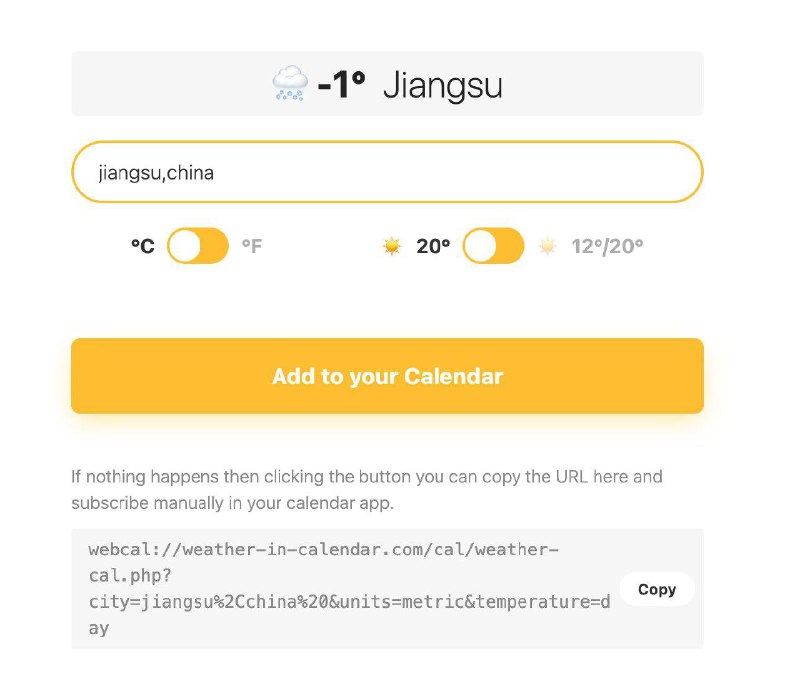 苹果自带的日历应用显示天气打开【网址】输入【城市】全拼，点击 Add to your Calendar；weather-in-calendar.com苹果自带的日历应用显示天气打开【网址】输入【城市】全拼，点击 Add to your Calendar；weather-in-calendar.com