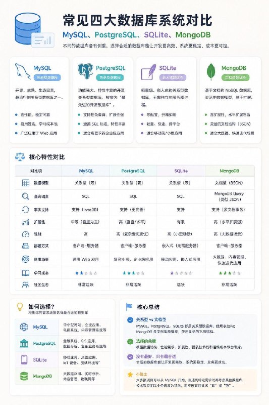 没事学点编程小知识常见四大数据库系统对比：MySQL，PostgreSQL，SQLite，MongoDB#编程小知识