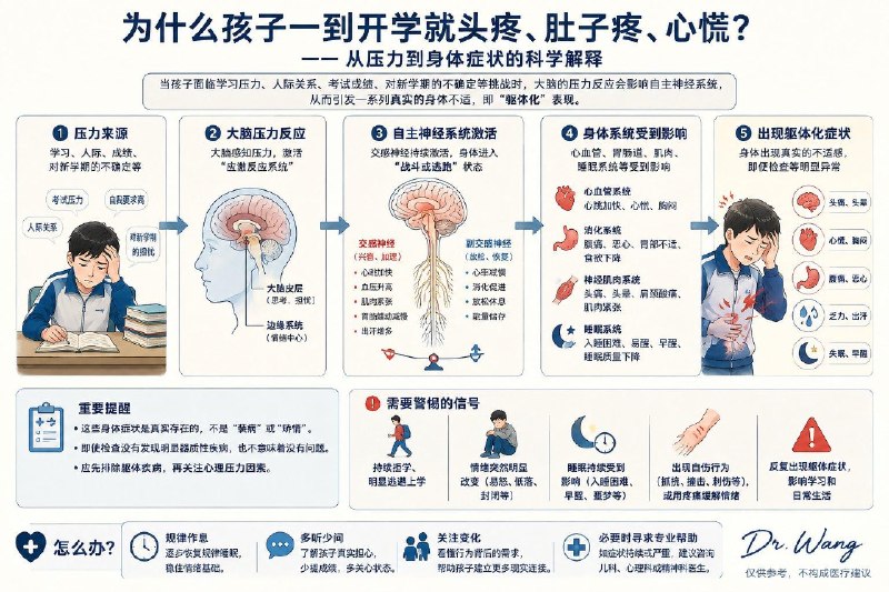 「医学科普：医生提醒这三点 正确应对开学焦虑」开学季一到，孩子突然喊头疼、心慌、肚子疼，甚至失眠，带去检查却什么事儿没有，家长的第一反应是“暑假玩野了，收收心就行”