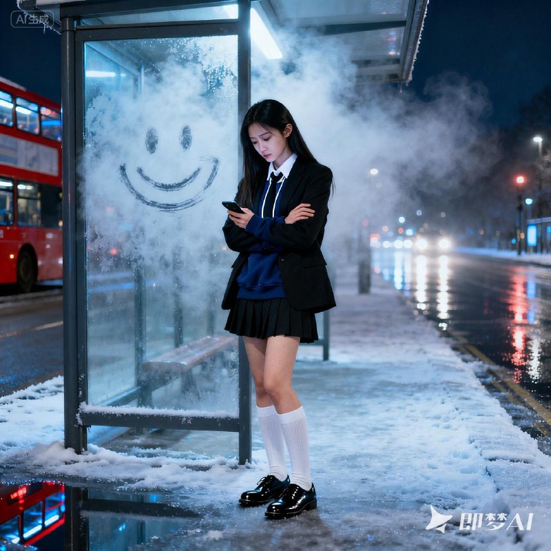 即梦 4 提示词：生成一幅超写实风格、4K画质的夜间全身人像摄影作品，主角是一位23岁的中国年轻美丽女性，肤色白皙细腻，长直的黑发柔顺地别在一侧耳后